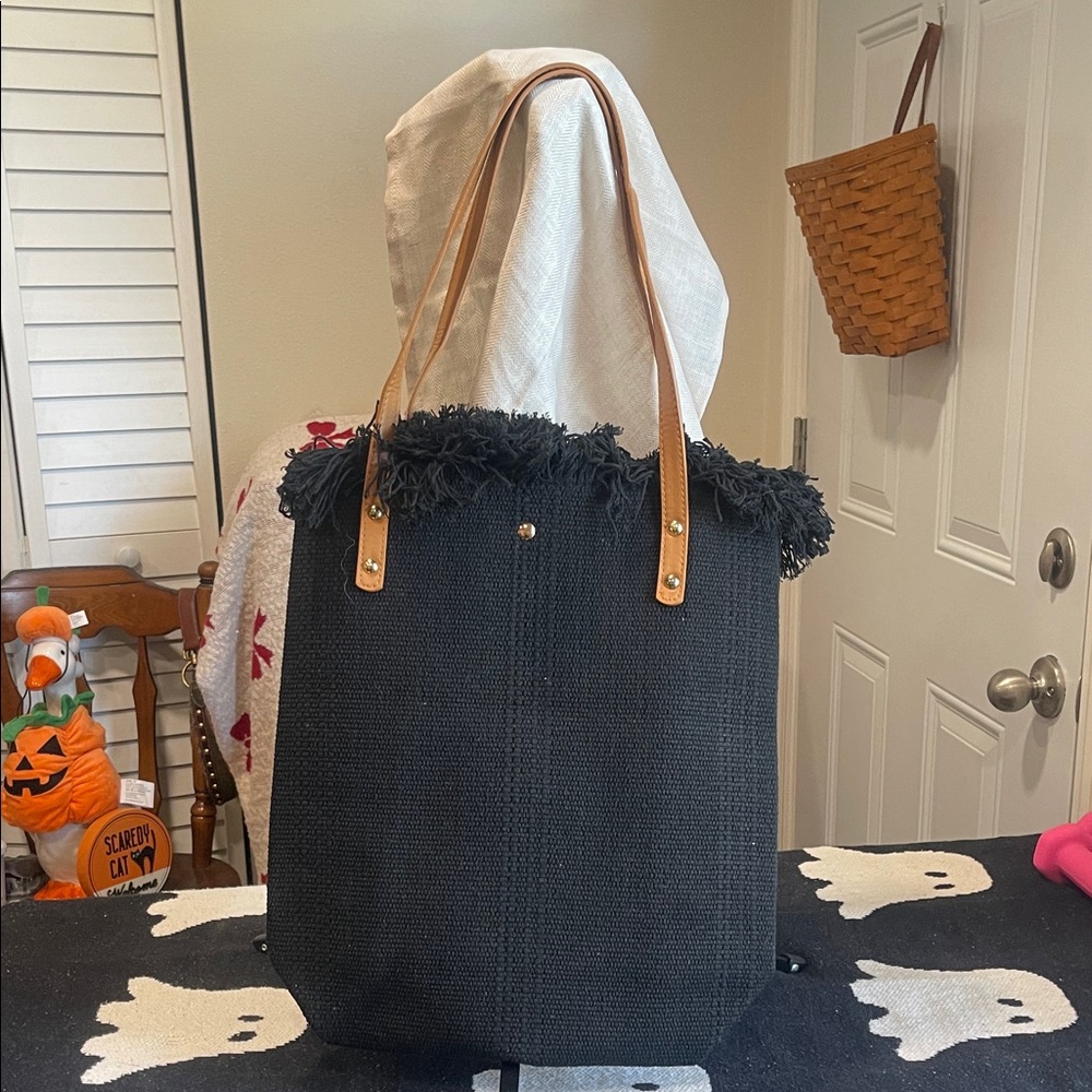 Prada Black Tote with Brown Handles and Fringe - Picture 2 of 5